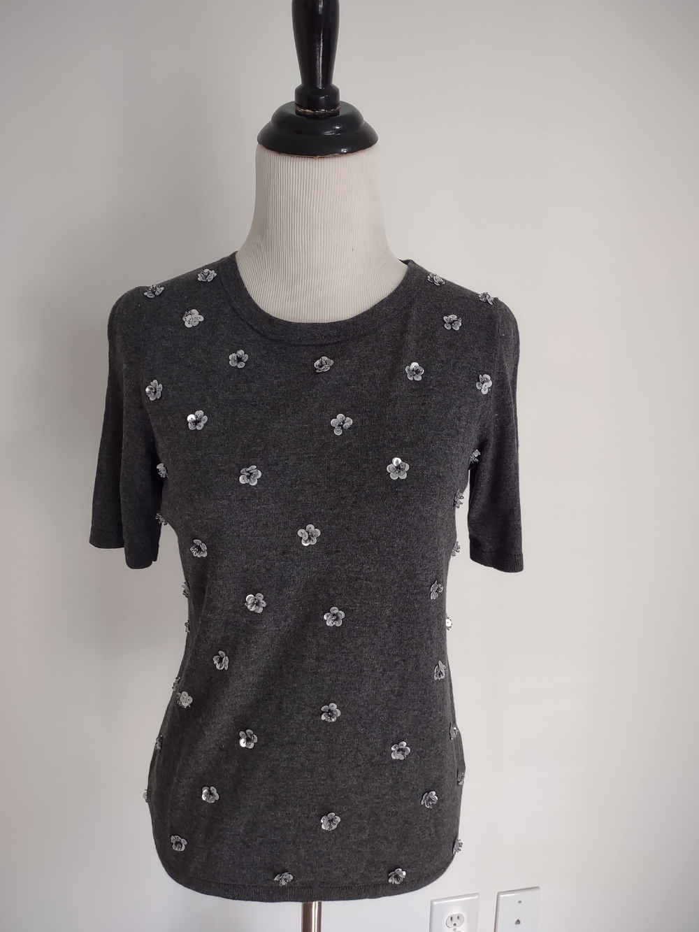 Talbots Charcoal Short-Sleeve Sequin Flower Tee